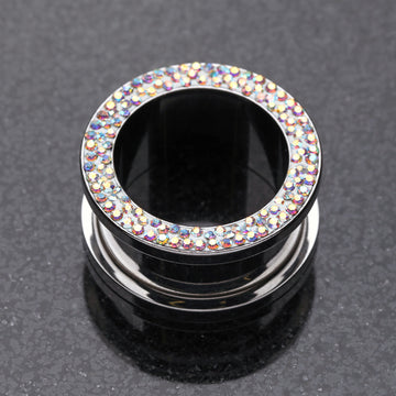Detail View 1 of A Pair of Multi-Gem Sparkle Screw-Fit Ear Gauge Tunnel Plug-Aurora Borealis